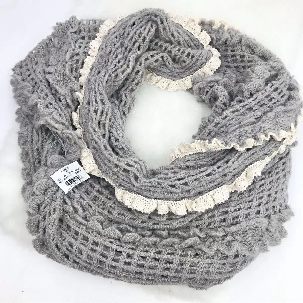 Vanity Gray Open Knit Infinity Scarf with cream lace trim- New With Tags